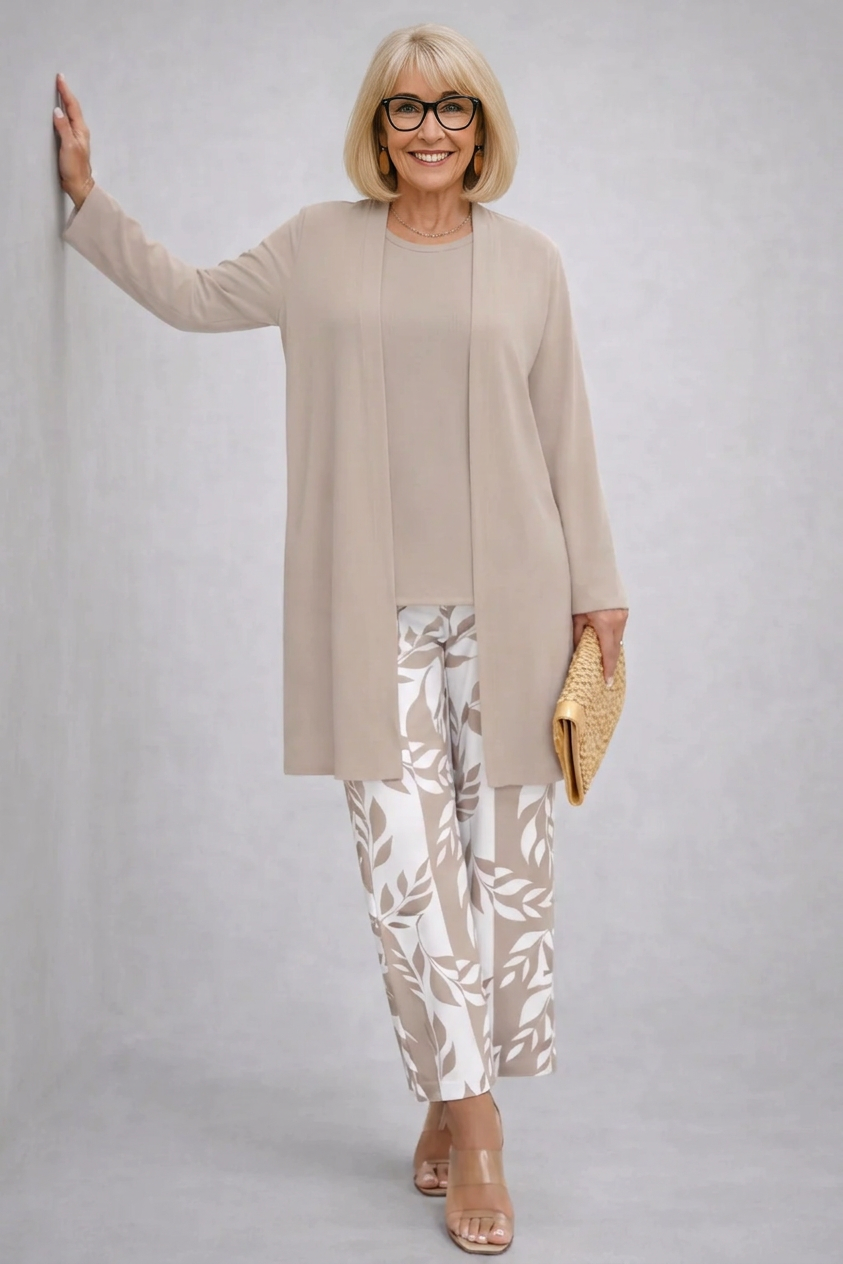 Stella | Cream Three-Piece Set with Leaf Trousers
