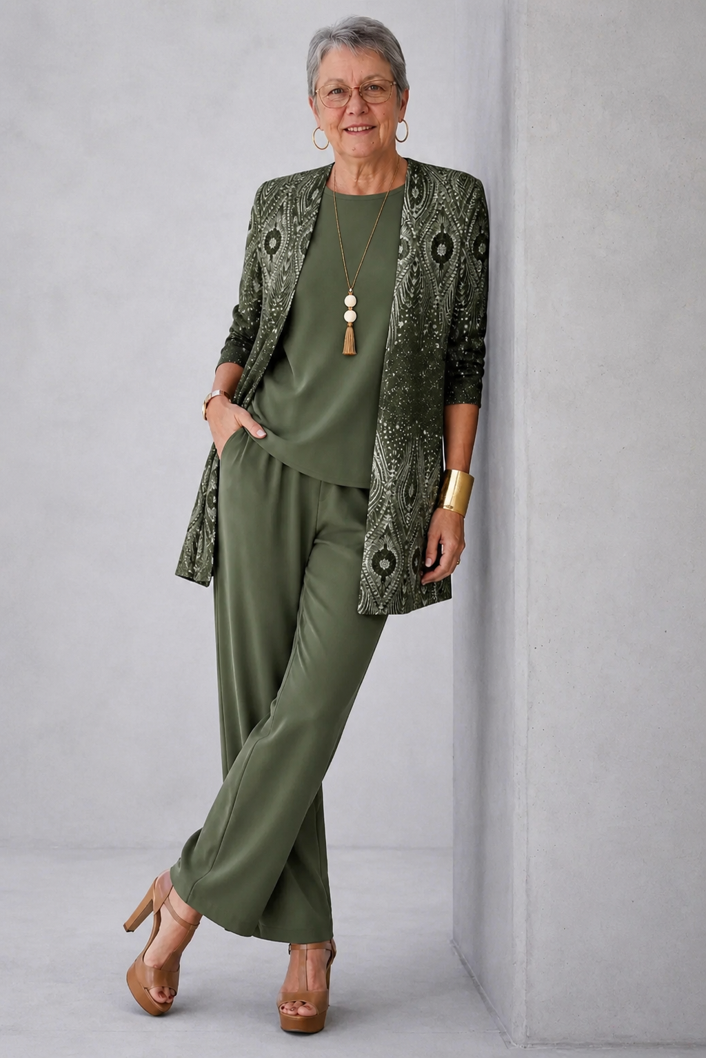 Susie | Green Ornate Print Three-Piece Set, colour Green