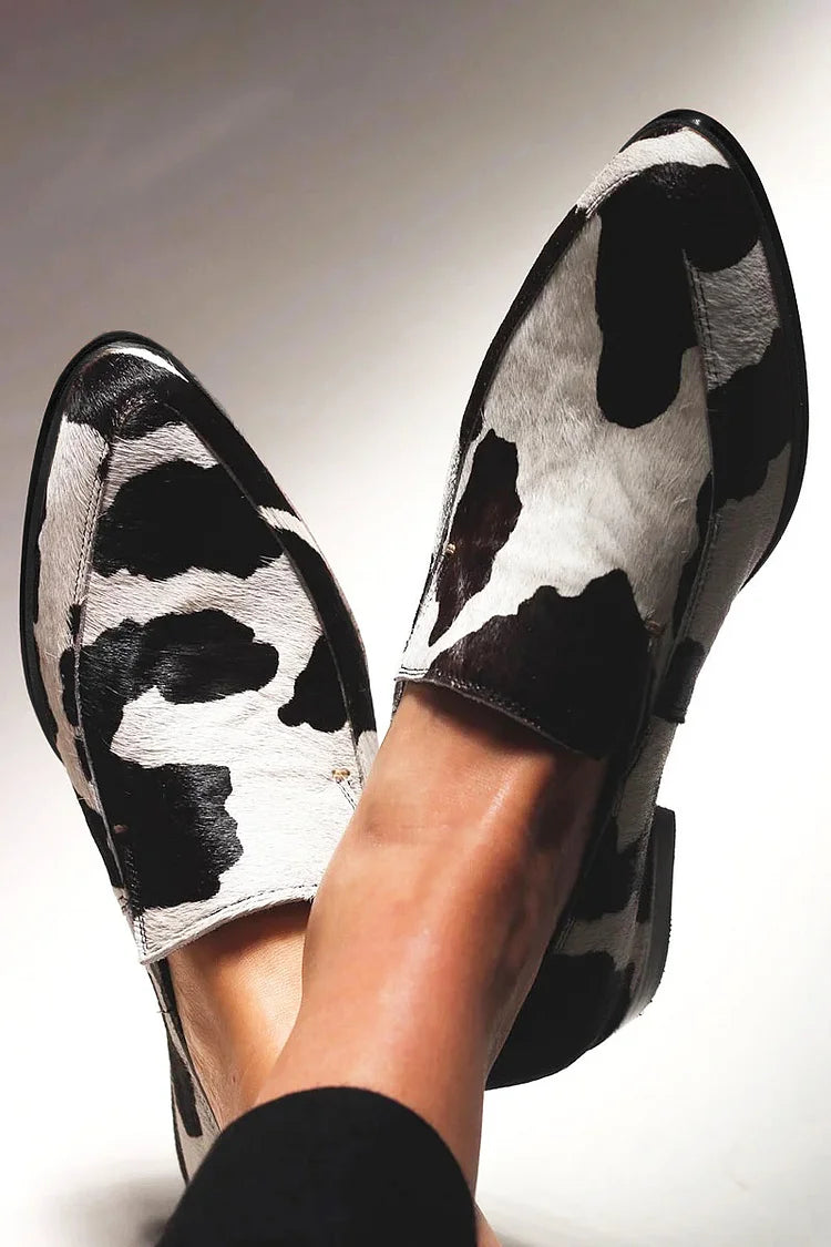 Tahlia | Cow Print Small Heel Loafers, colour Black and White