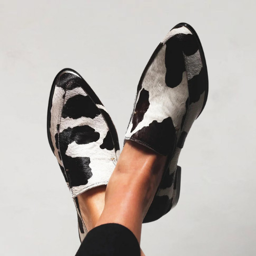 Tahlia | Cow Print Small Heel Loafers, colour Black and White