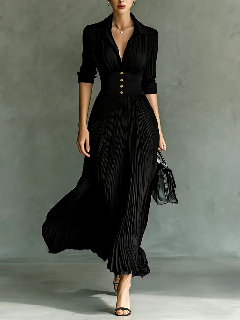 Tallulah | Black Pleated Collared Maxi Dress