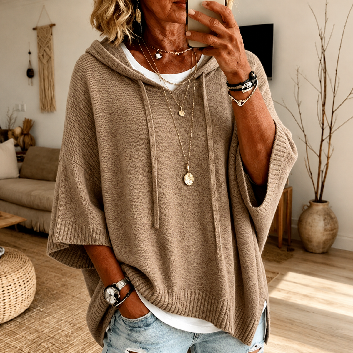 Tamsin | Taupe Hooded Poncho Jumper, colour Taupe