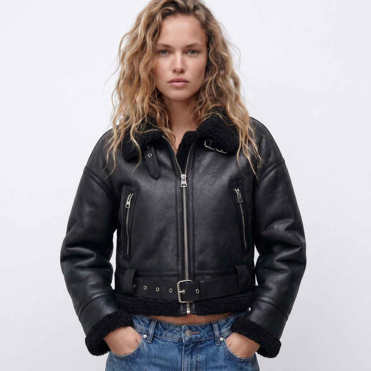 Tatiana | Cropped Belted Aviator Jacket, colour Black