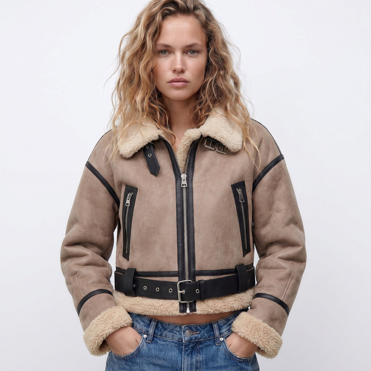 Tatiana | Cropped Belted Aviator Jacket, colour Khaki