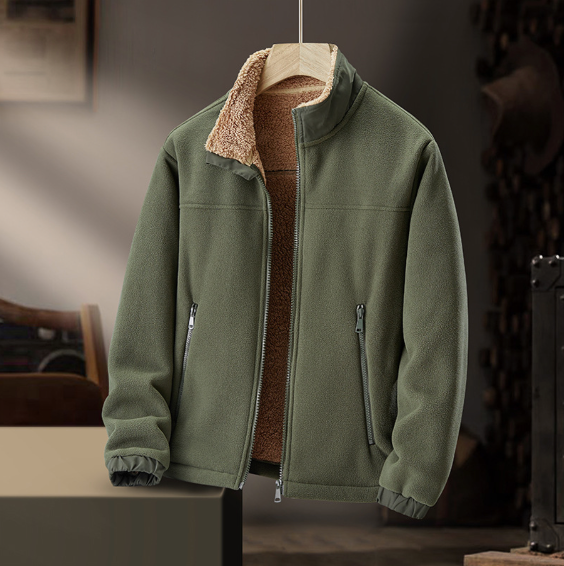 Tegan | Plush Collar Zip Jacket, colour Army Green