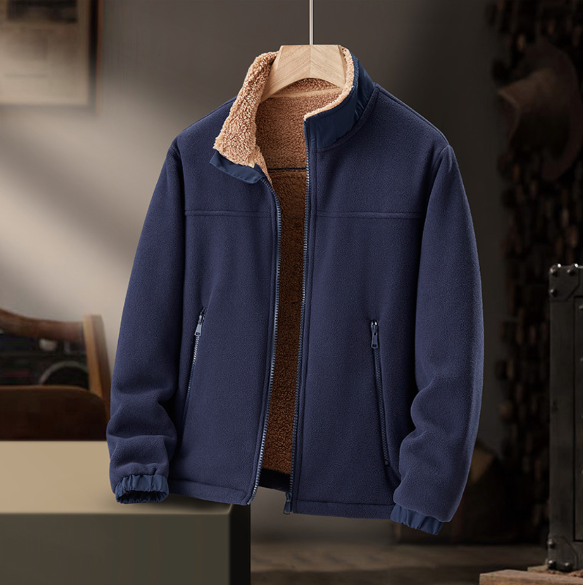 Tegan | Plush Collar Zip Jacket, colour Dark Blue
