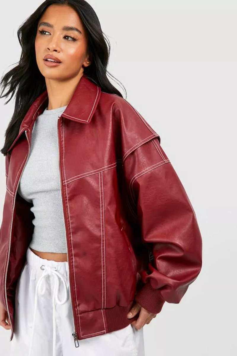 Tiffany | Wine Red Oversized Bomber Jacket