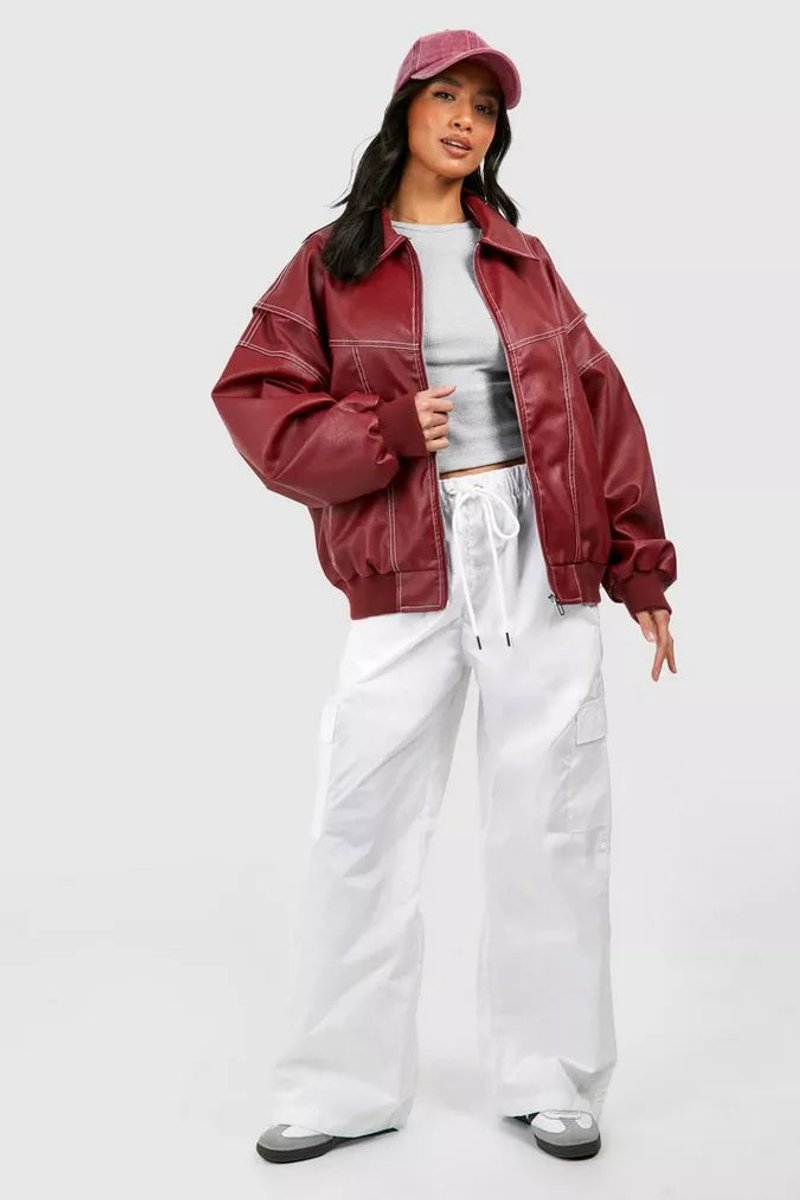 Tiffany | Wine Red Oversized Bomber Jacket, colour Wine Red