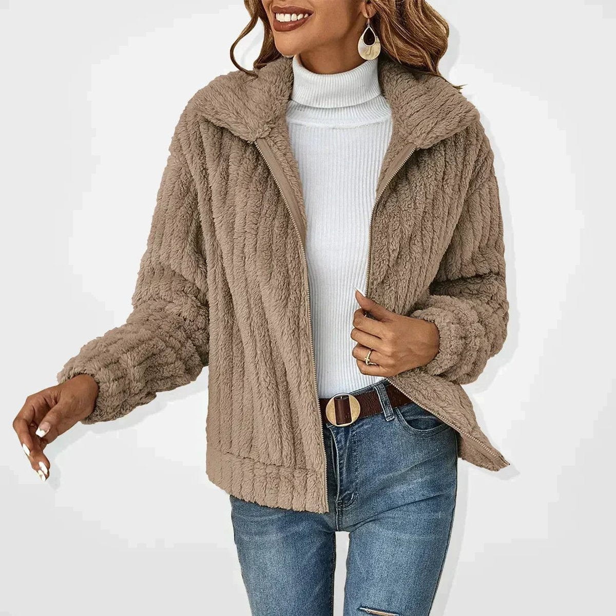 Tilly | Plush Textured Zip-Up Jacket, colour Khaki