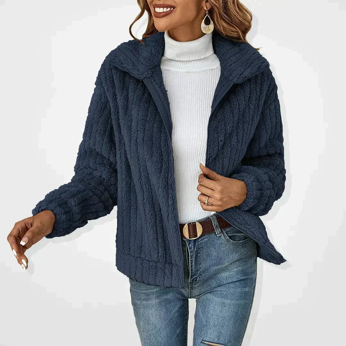 Tilly | Plush Textured Zip-Up Jacket, colour Navy Blue