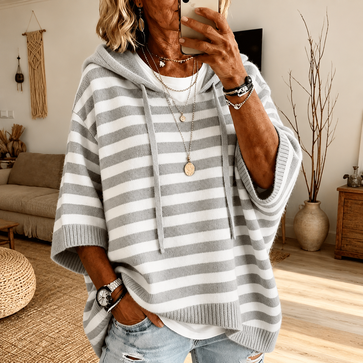 Tracey | Grey Striped Hooded Poncho Jumper, colour Grey and White Stripe