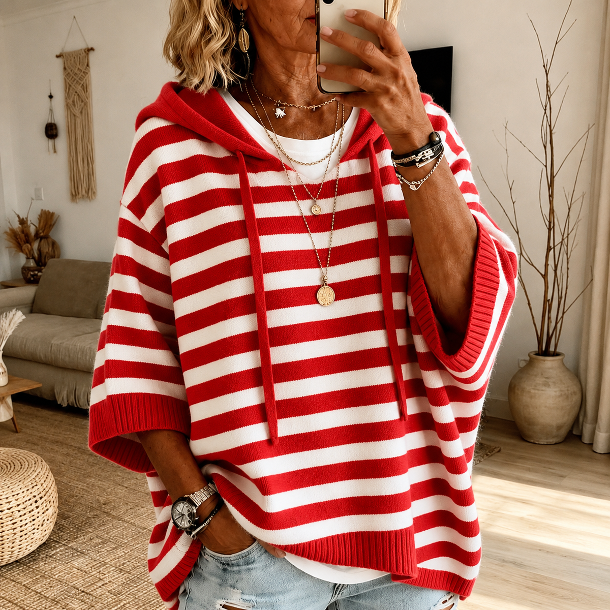 Trixie | Red Striped Hooded Poncho Jumper, colour Red and White Stripe