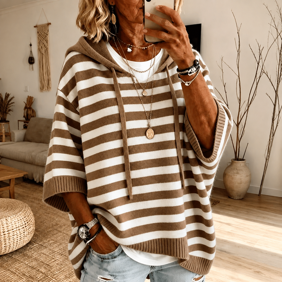 Trudie | Taupe Striped Hooded Poncho Jumper