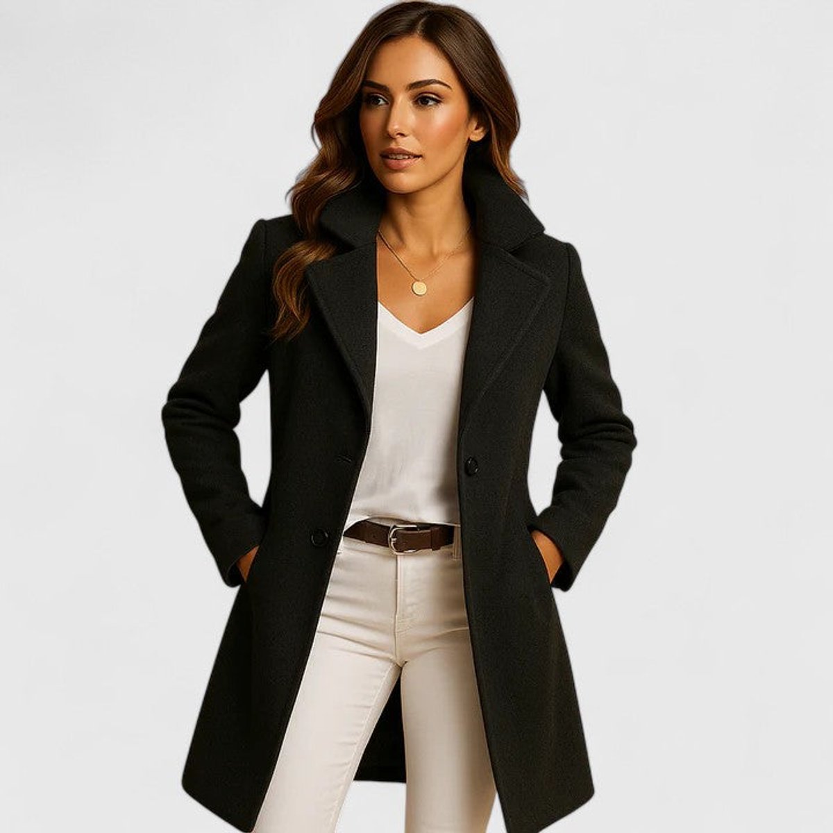 Valerie | Tailored Notch Lapel Long Coat, colour Black