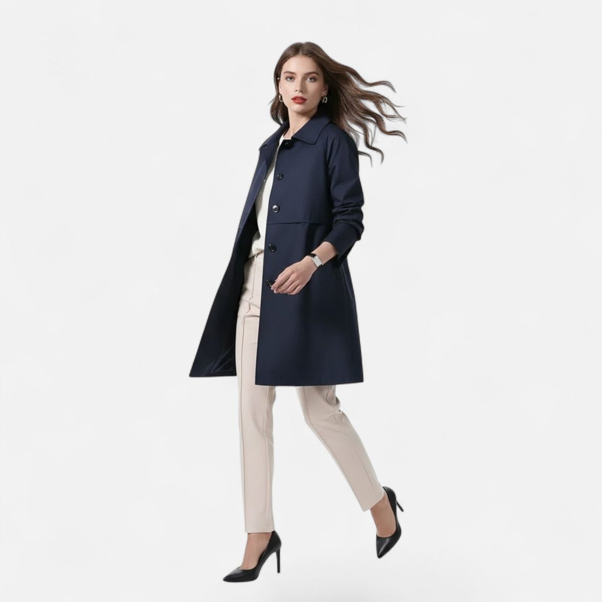 Vanora | Tailored Double-Breasted Mid-Length Coat, colour Navy Blue