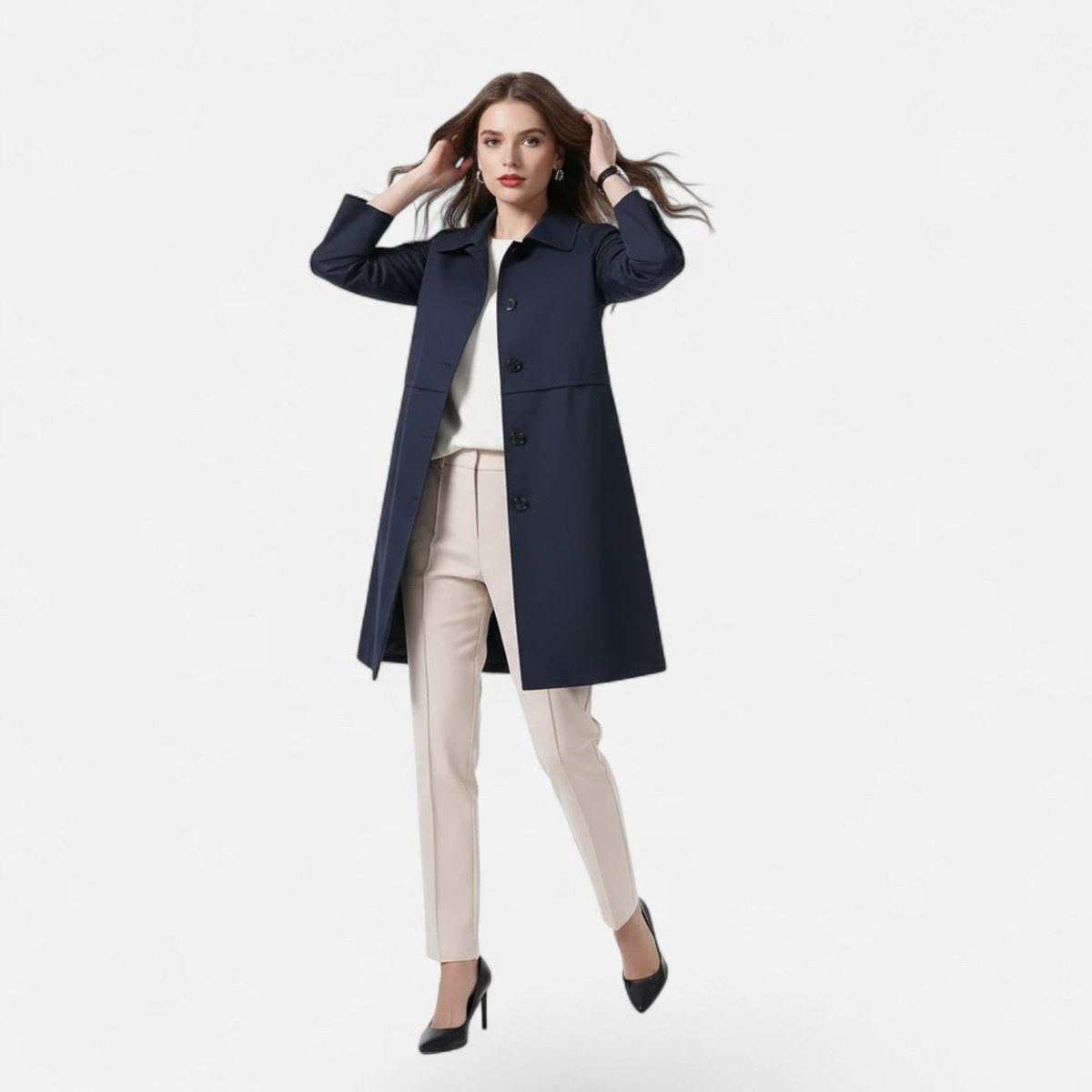 Vanora | Tailored Double-Breasted Mid-Length Coat, colour Navy Blue