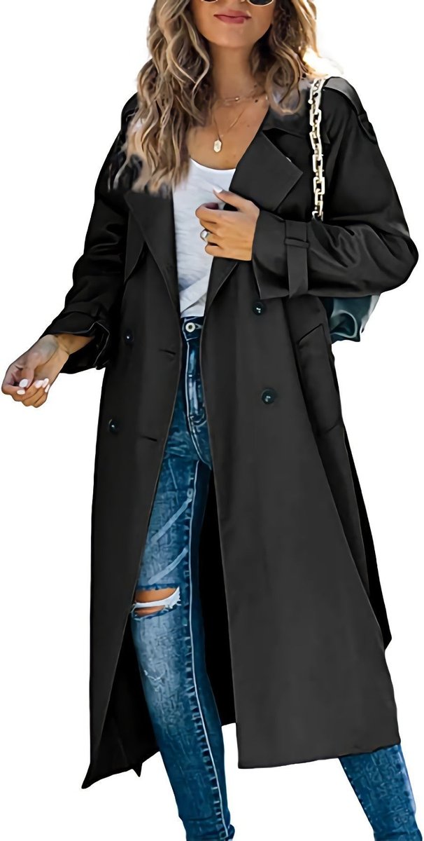 Veronica | Double-Breasted Belted Longline Trench Coat, colour Black