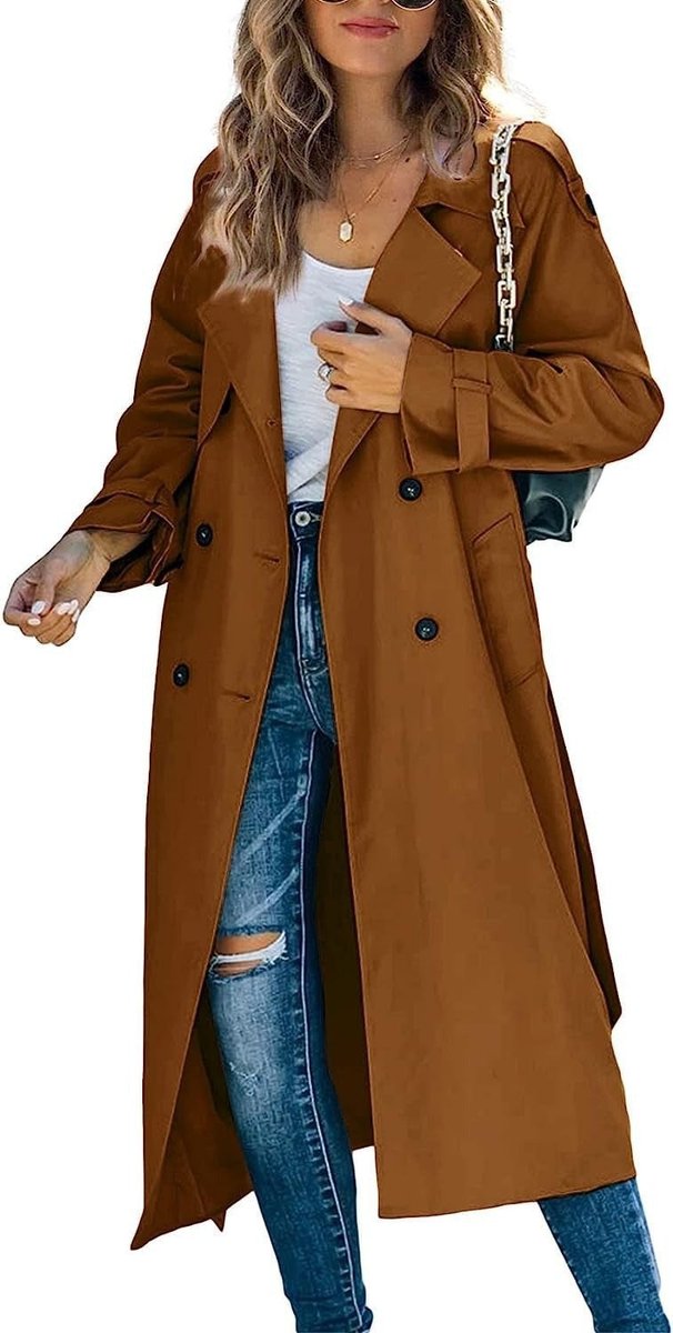 Veronica | Double-Breasted Belted Longline Trench Coat, colour Brown