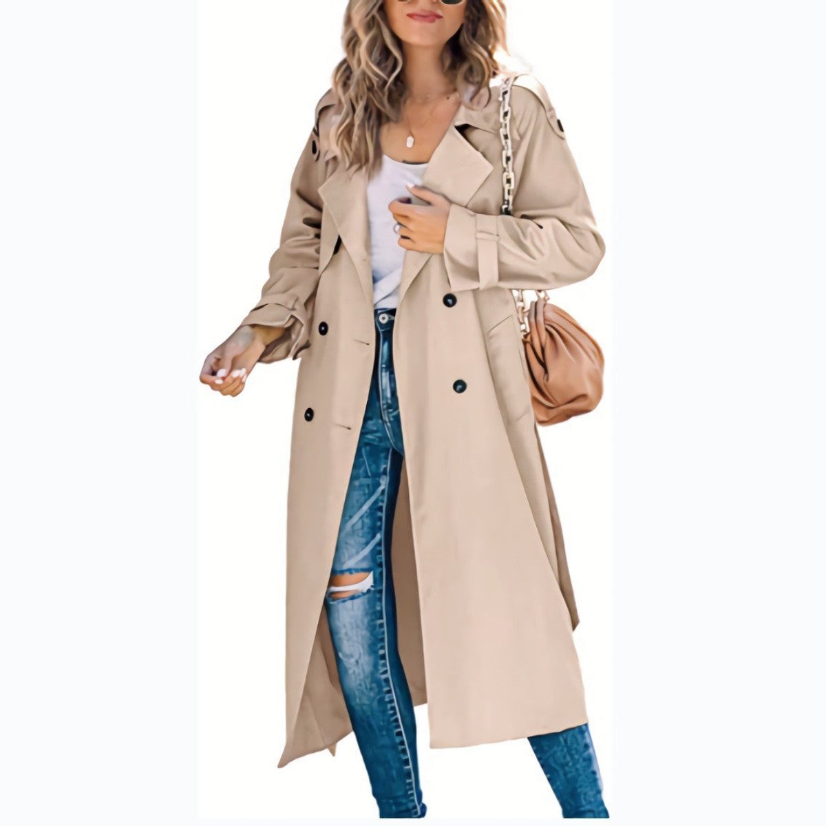 Veronica | Double-Breasted Belted Longline Trench Coat, colour Khaki