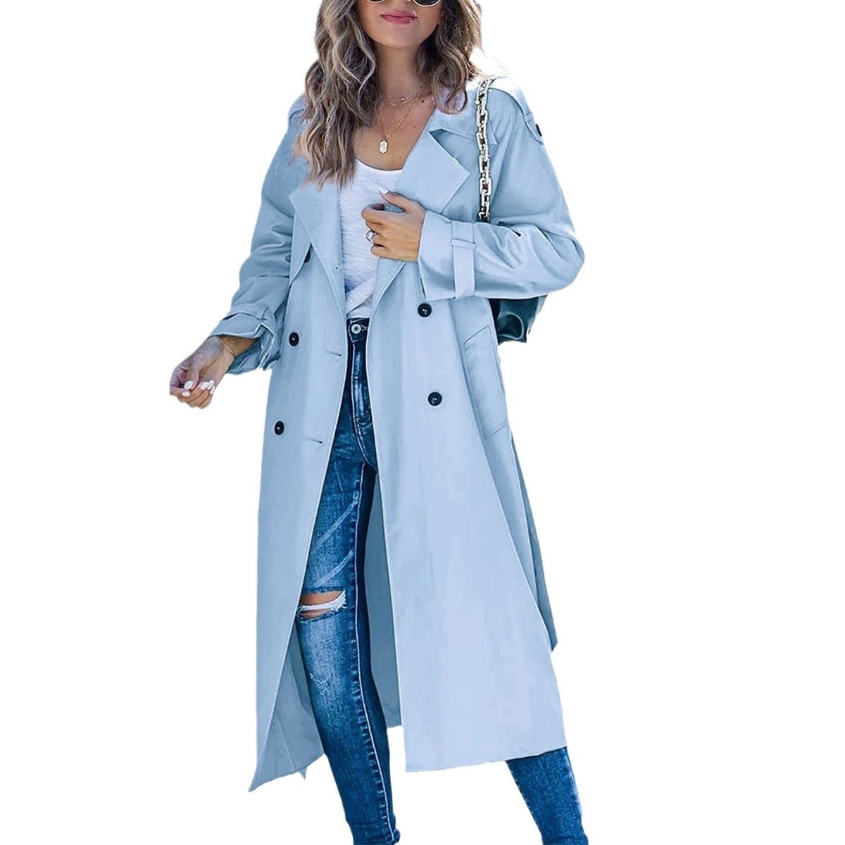 Veronica | Double-Breasted Belted Longline Trench Coat, colour Light Blue