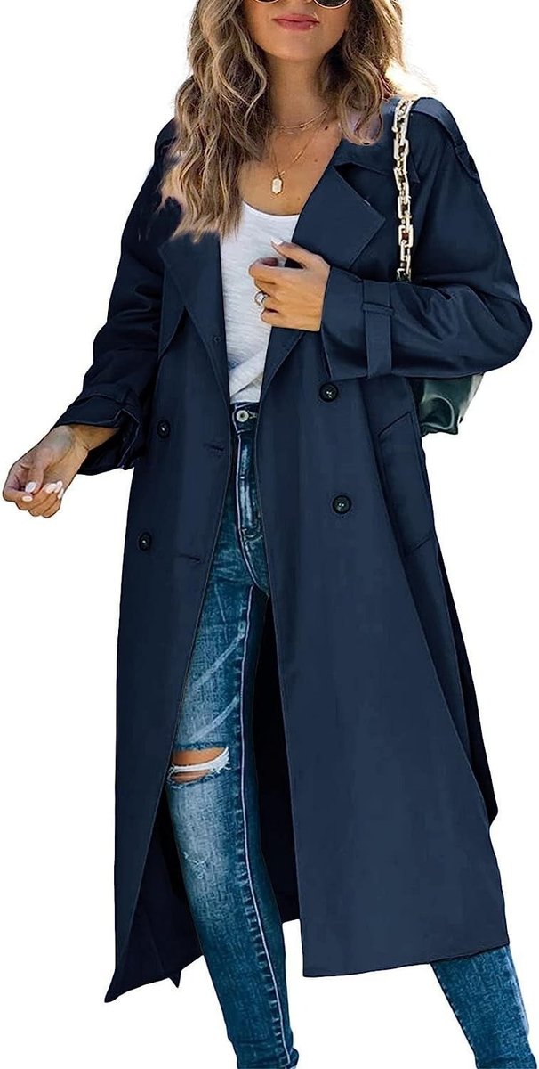 Veronica | Double-Breasted Belted Longline Trench Coat, colour Navy Blue