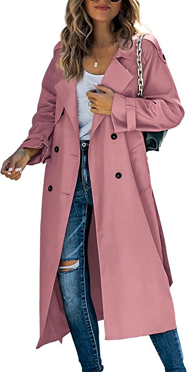 Veronica | Double-Breasted Belted Longline Trench Coat, colour Pink