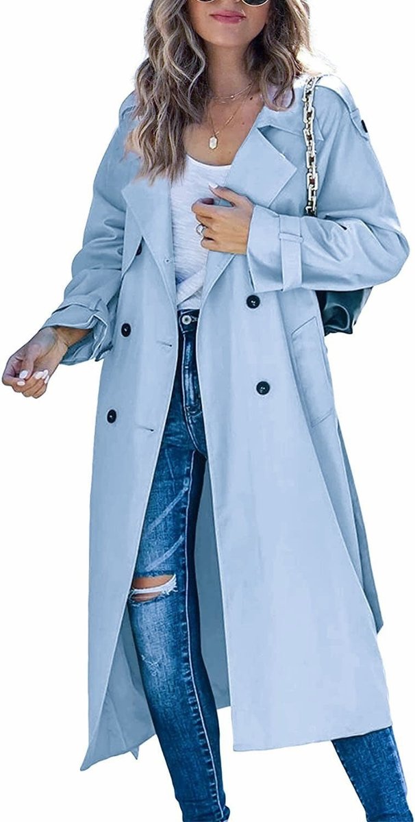 Veronica | Double-Breasted Belted Longline Trench Coat, colour Sky Blue
