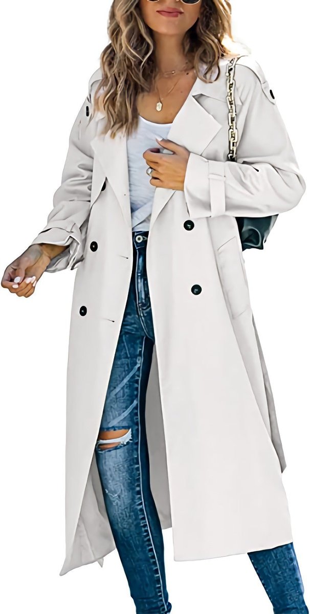 Veronica | Double-Breasted Belted Longline Trench Coat, colour White