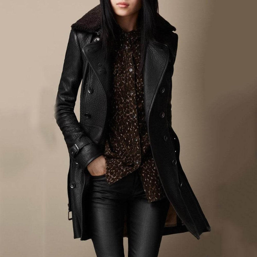 Vesna | Black Plush Collar Double-Breasted Coat