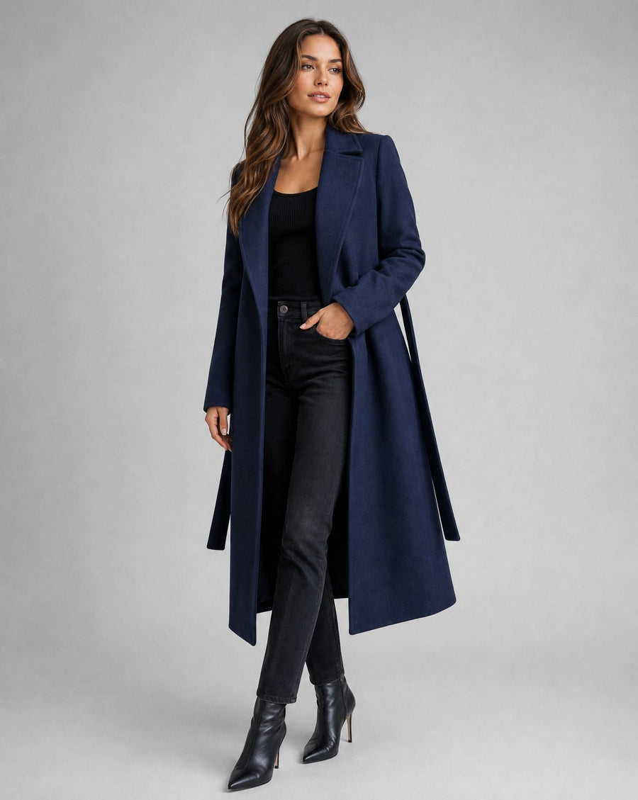 Vivian | Navy Belted Long Lapel Coat