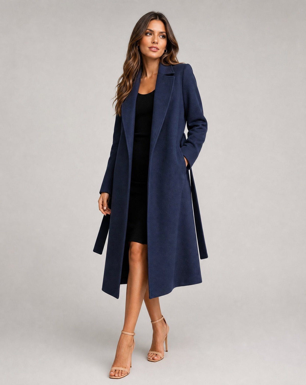 Vivian | Navy Belted Long Lapel Coat, colour Navy