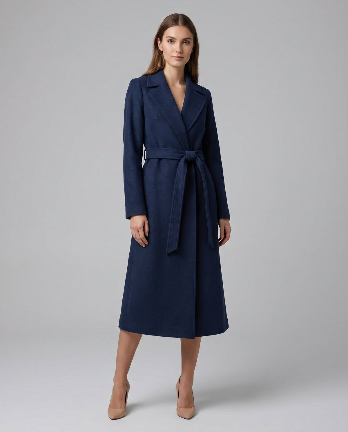 Vivian | Navy Belted Long Lapel Coat, colour Navy