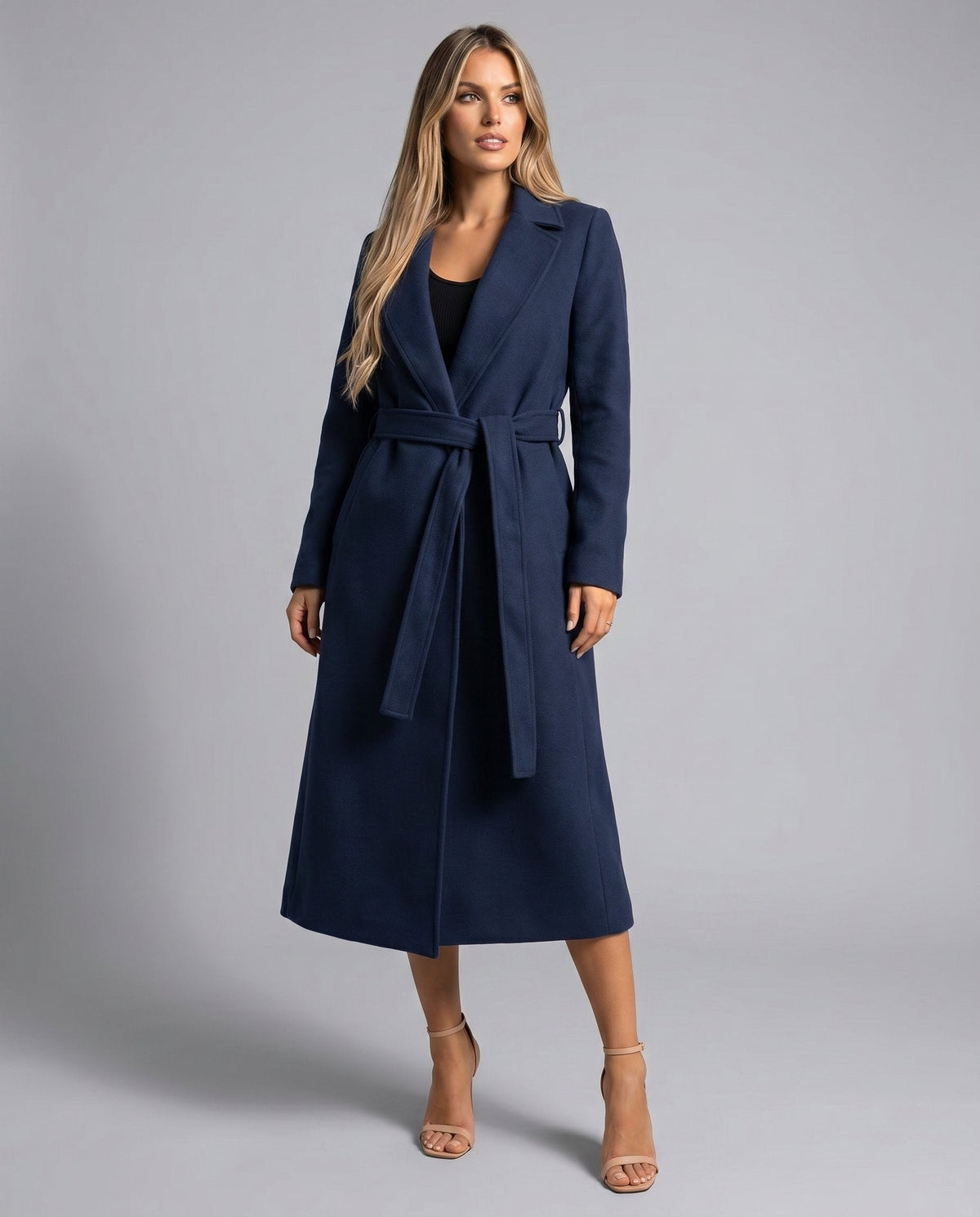 Vivian | Navy Belted Long Lapel Coat, colour Navy