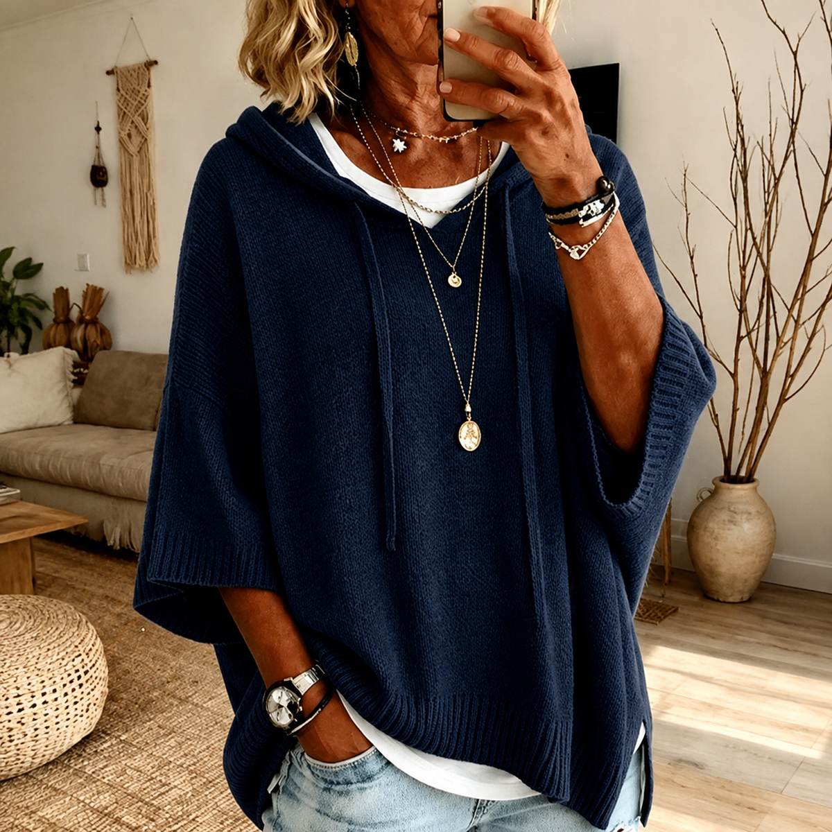 Wilma | Navy Hooded Poncho Jumper, colour Navy