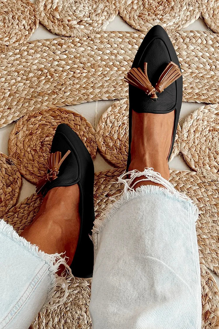 Wynne | Pointed Black Tassel Loafers, colour Black
