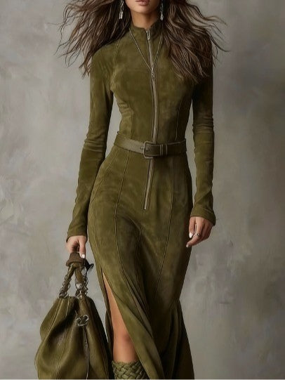 Xanthe | Olive Suede-Look Zip Front Maxi Dress, colour Olive