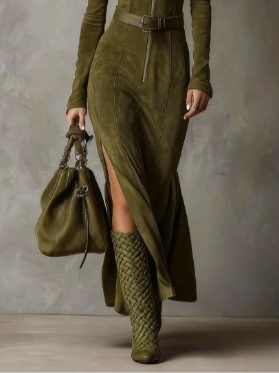 Xanthe | Olive Suede-Look Zip Front Maxi Dress, colour Olive