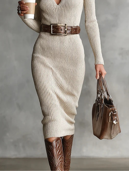 Yvonne | Cream Ribbed Knit Belted Midi Dress, colour Cream