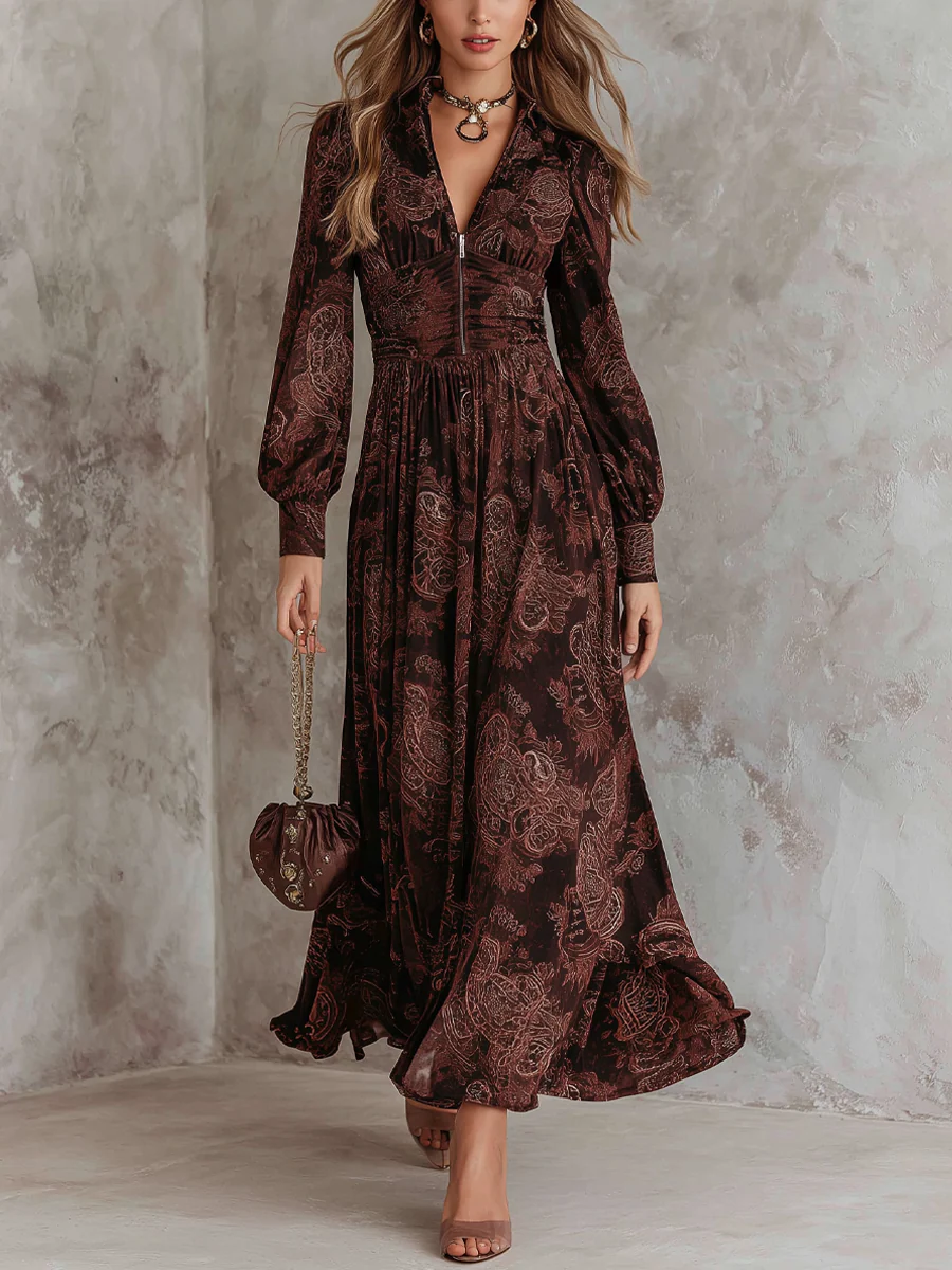 Zinnia | Paisley Print Zip Neck Midi Dress, colour Brown Paisley