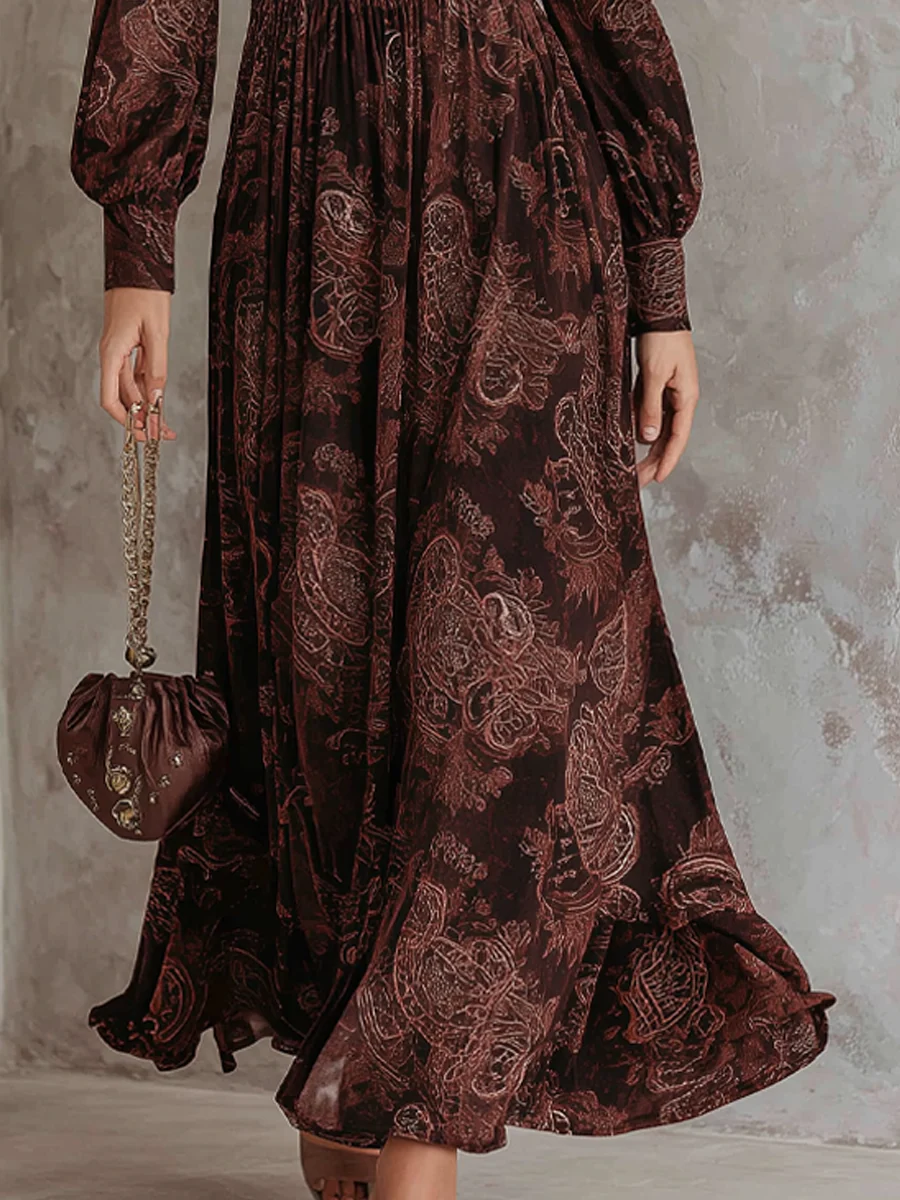 Zinnia | Paisley Print Zip Neck Midi Dress, colour Brown Paisley