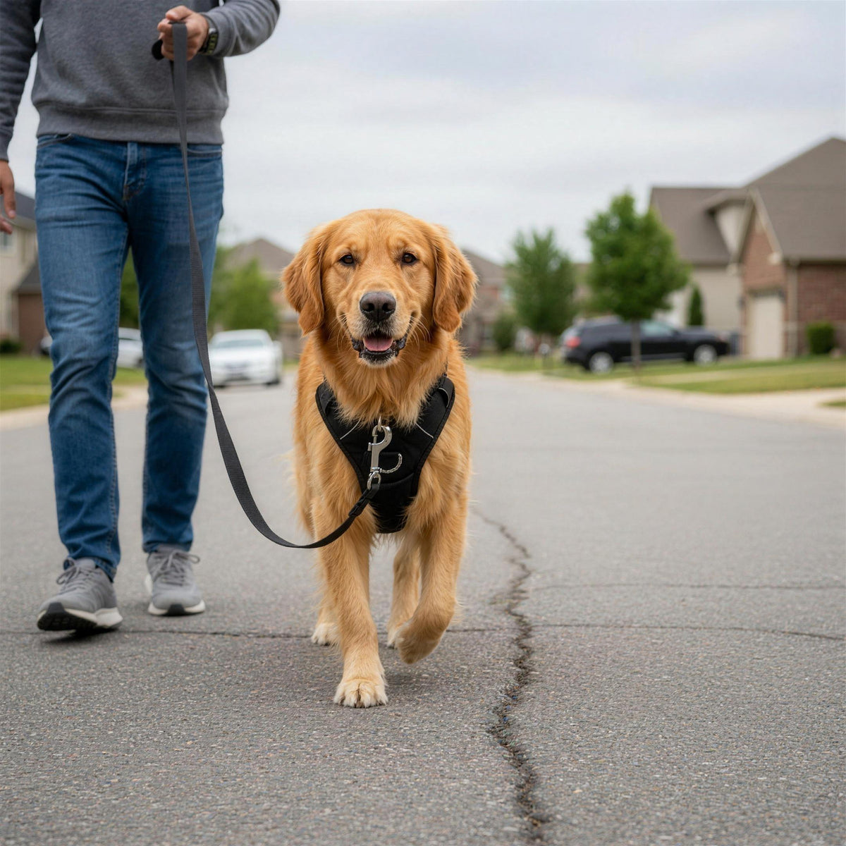 Golden retriever wearing the harness, the leash clipped to the D-ring on the chest plate and the lead hanging slack.