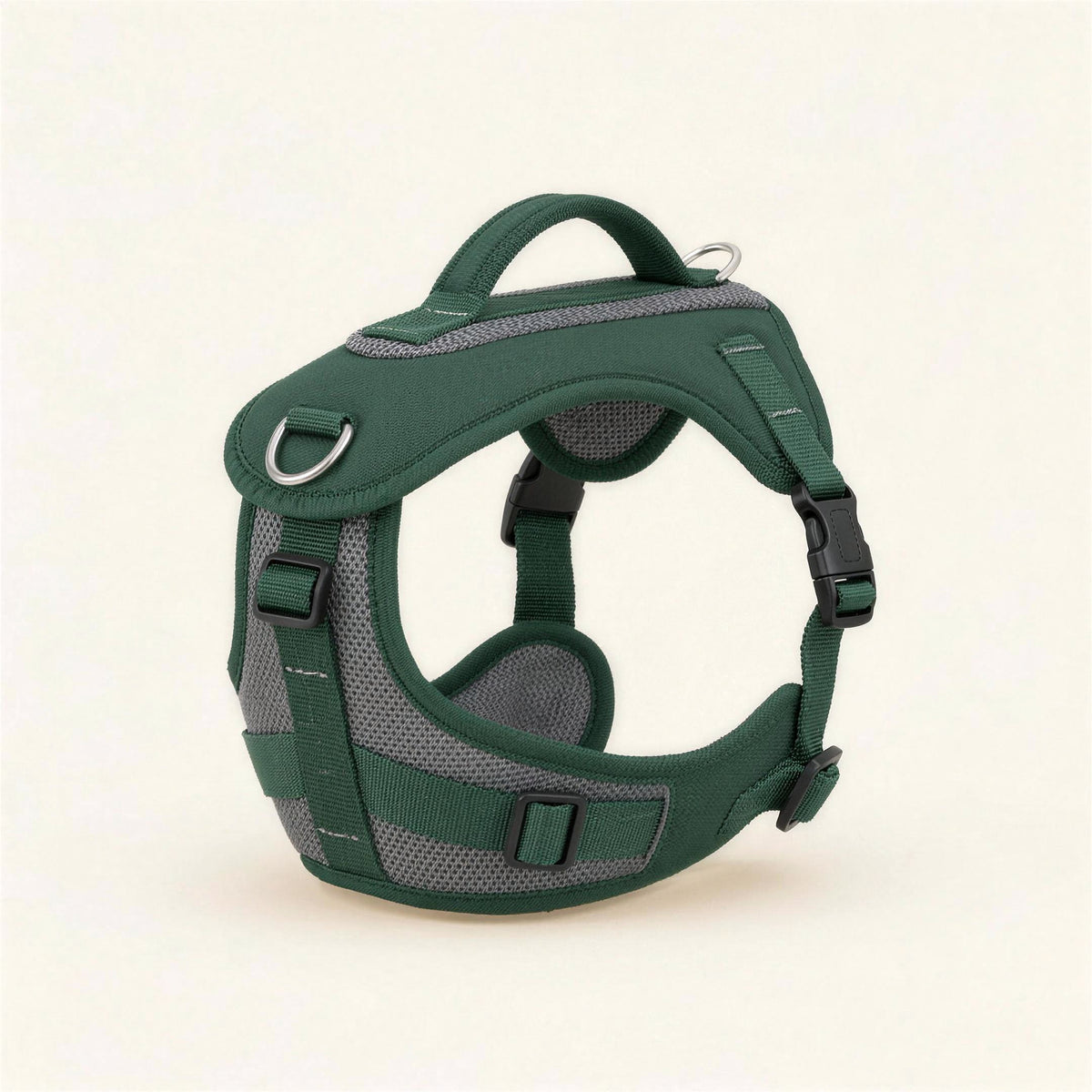BerraPaws No-Pull Harness in Spruce, three-quarter view, showing the padded chest plate, the chest and back D-rings, the top handle and the reflective stitching.
