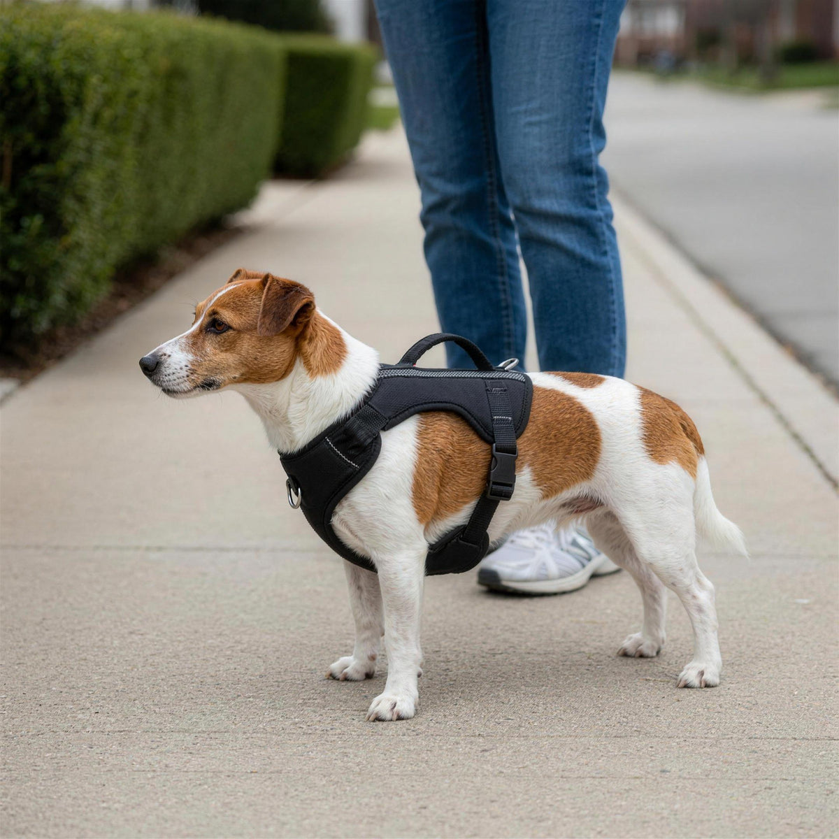 A jack russell mix of about 20 pounds wearing the harness in size M, side view on the same pavement.