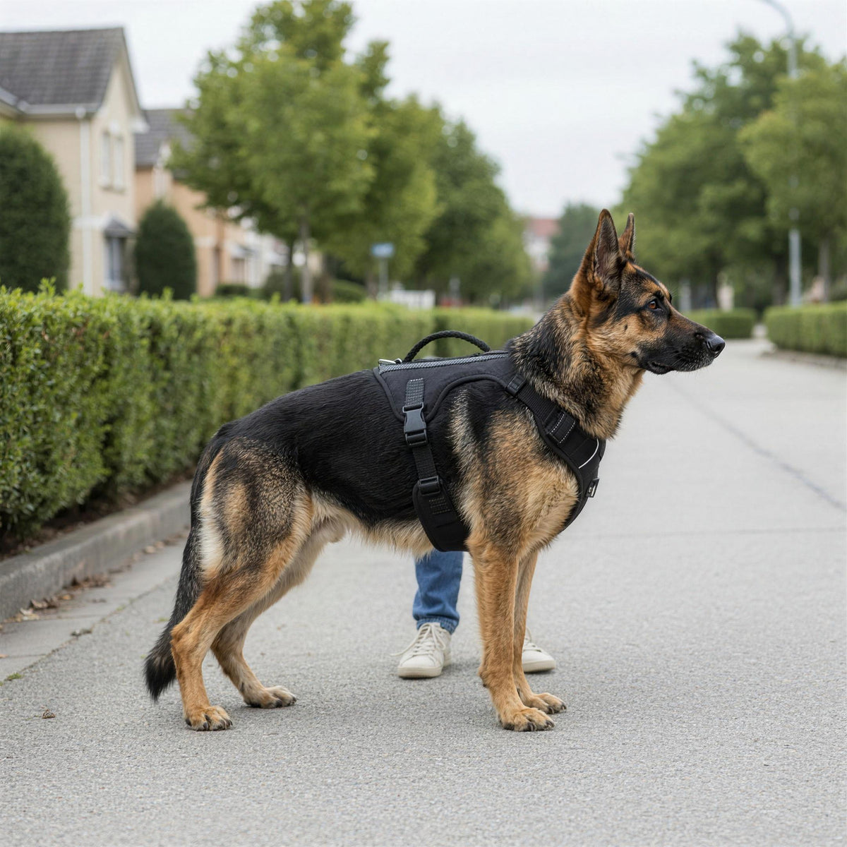 A German shepherd of about 75 pounds wearing the harness in size XL, side view on a pavement.