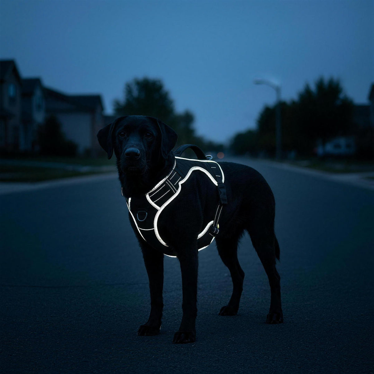 Black labrador at dusk, the reflective stitching on the chest, the sides and the handle lit up by a light from the side.