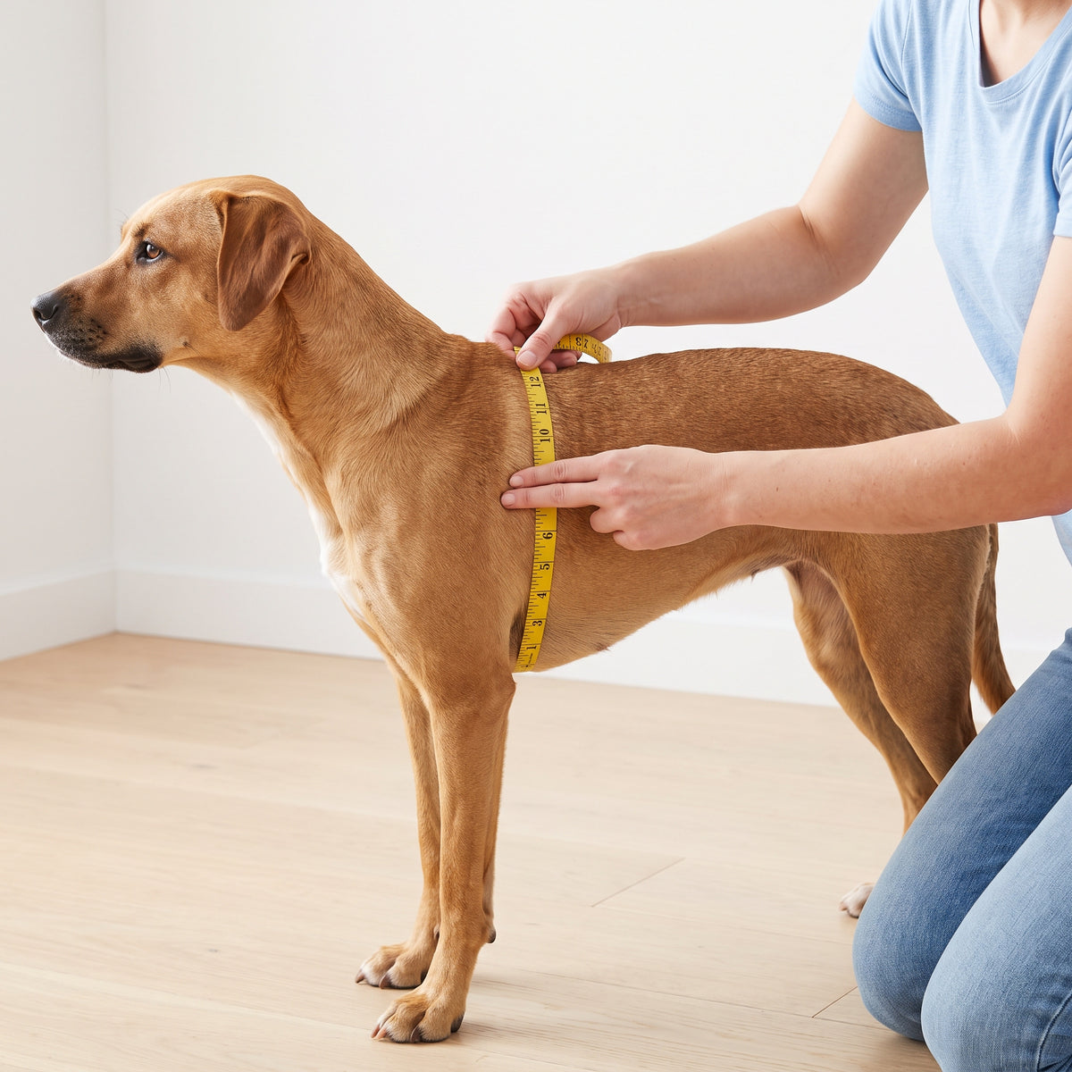 A soft tape measure looped around a dog's ribcage just behind the front legs, with two fingers held flat under the tape and the number readable.