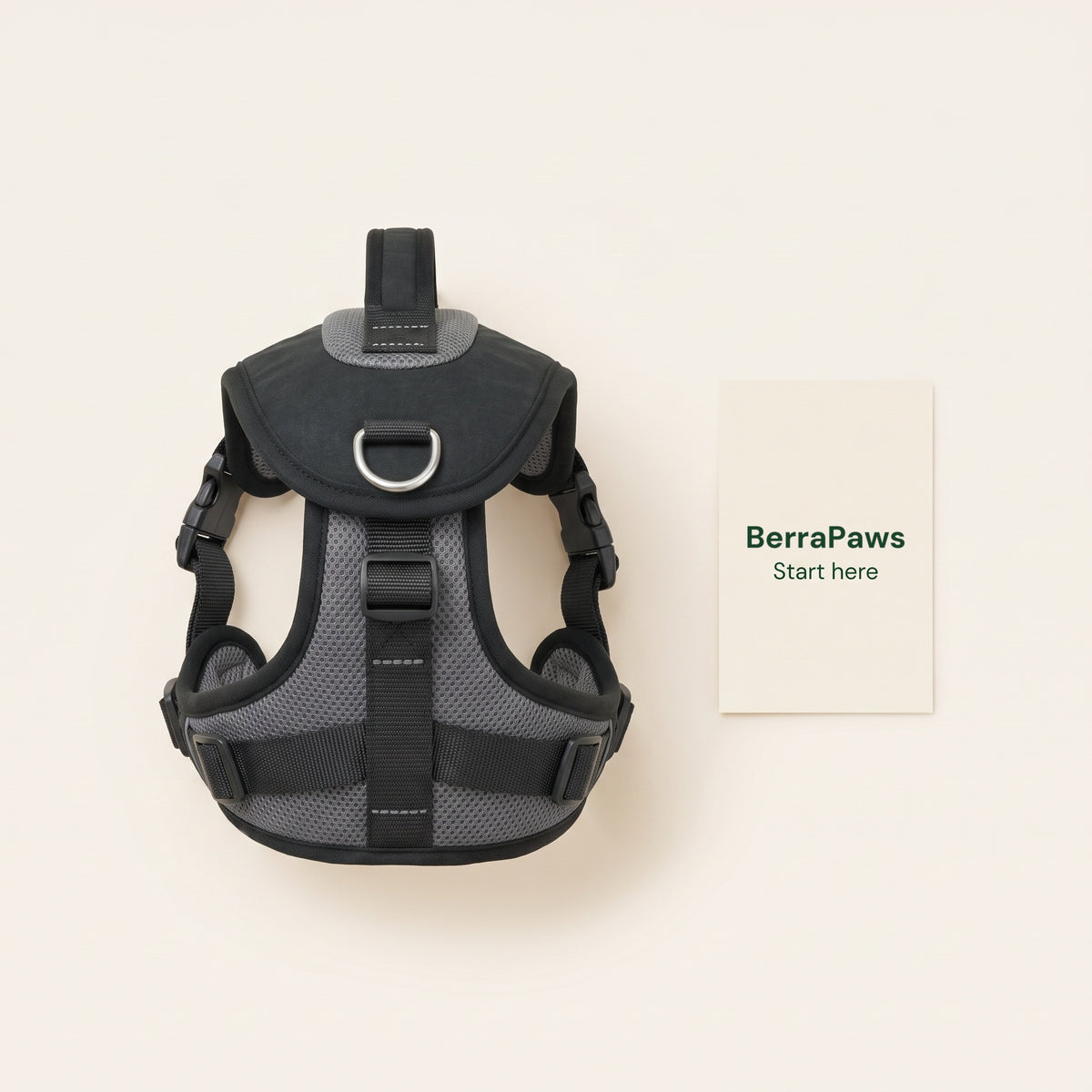 Flat lay on an oat background: the harness and the BerraPaws quick-start card.